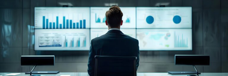 Illustration - Businessman Analyzing Data on Multiple Screens