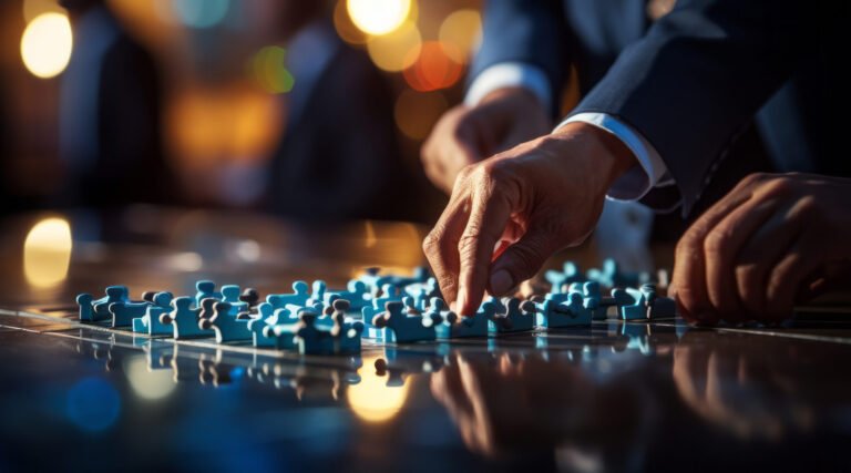 Teamwork and partnership concept. Businessman hold jigsaw puzzle pieces with teamwork icon. Business solution. Development. Unity and cooperation, Strategy and target of business growth.