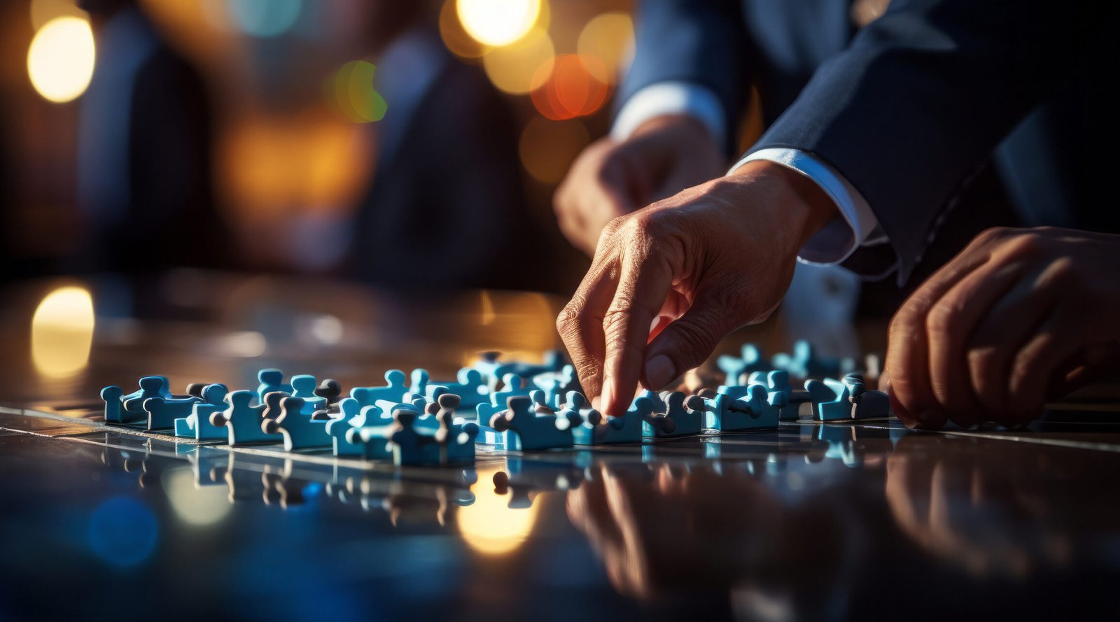 Teamwork and partnership concept. Businessman hold jigsaw puzzle pieces with teamwork icon. Business solution. Development. Unity and cooperation, Strategy and target of business growth.