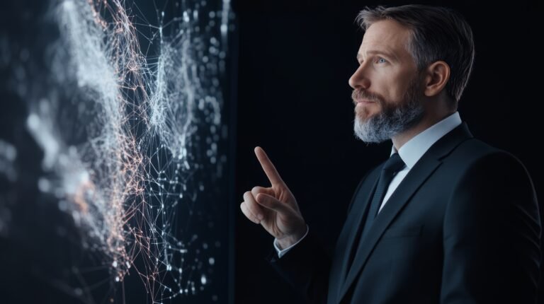 Tech-savvy leader presenting a digital report, holographic displays and futuristic technology, team in awe, sleek and modern workspace, high-resolution photo, realistic photo