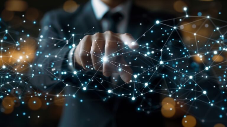 Visionary Corporate Leader Pointing at 3D Network Connections for Global Business Strategy Visualization