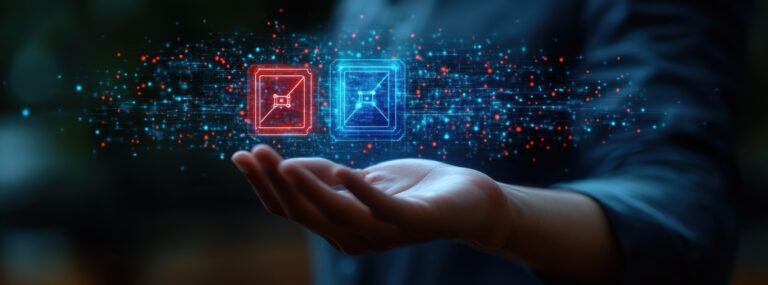 A hand appears to support a glowing cube filled with vibrant financial symbols in a busy urban environment during nighttime. The cube emits a bright aura, symbolizing innovation and wealth.