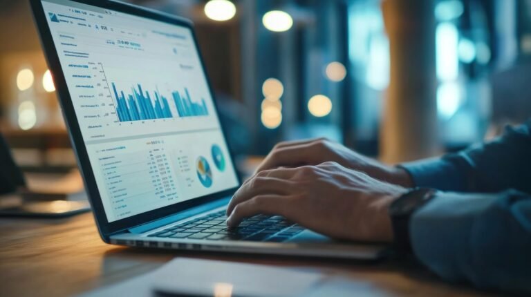 Businessman using laptop display analytics marketing.