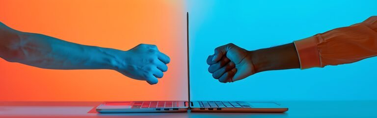 Two hands shaking in the middle of two laptops.