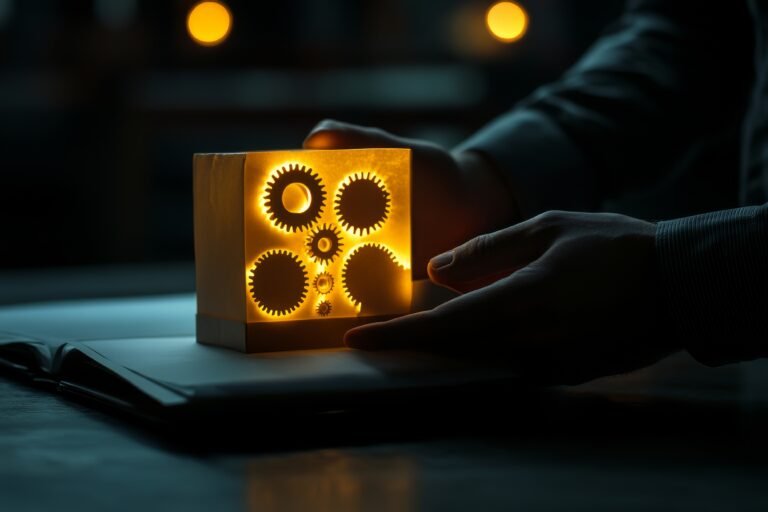 Businessman shows box from which gears of mechanism emerge.