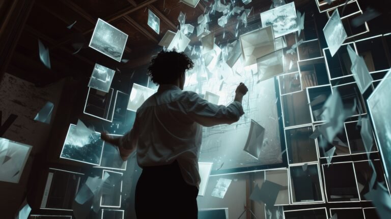 Happy smart creative artist painting and designing canvas while canvas flowing around. Skilled graphic designer working and drawing a colorful digital art surrounded with abstract environment. AIG42.