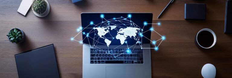 A modern laptop with a world map and network connections symbolizes global communication, interconnectedness, digital technology, business opportunities, and online collaboration.