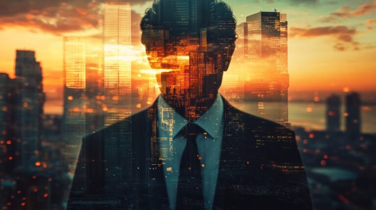 A silhouette of a businessman overlaid with a cityscape at sunset.