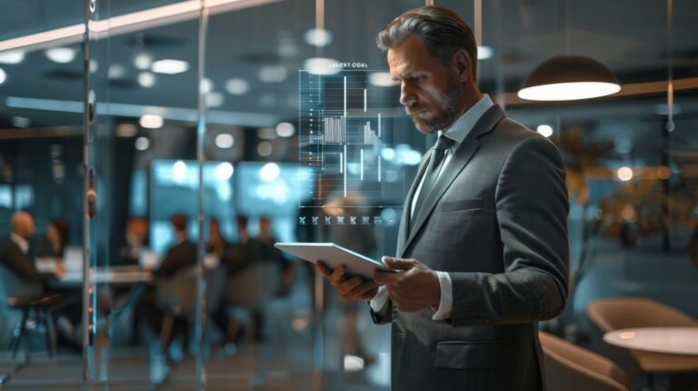 Businessman in a suit analyzing digital data on a tablet in a modern office with colleagues in the background.