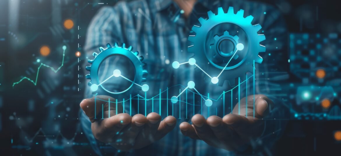 Increase productivity concept. Man holding productivity icon with growth graph for efficient industrial management. Lean cost and productivity growth concept.