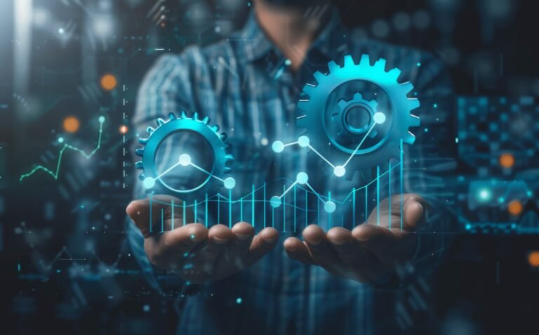Increase productivity concept. Man holding productivity icon with growth graph for efficient industrial management. Lean cost and productivity growth concept.