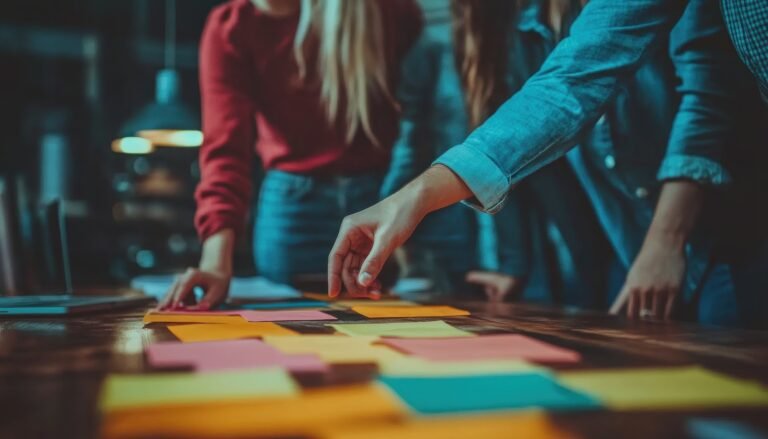 Witness the power of collaborative problem-solving in action! Watch as a team uses sticky notes to brainstorm ideas, generate solutions, and conquer challenges This visual and engaging approach fosters creativity, communication, and a shared sense of ownership AI Generative
