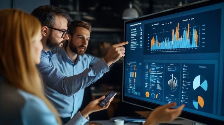 Three colleagues analyze data on a large screen. Teamwork and collaboration are key for business success.