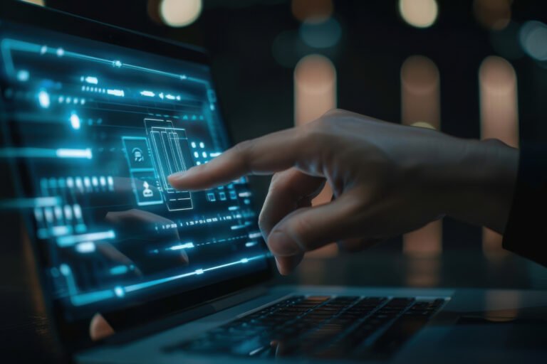 Businessman interacting with a digital screen displaying data and charts, representing technology and business analytics. Generrative AI